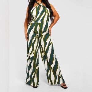 Plus size woven striped halter wide leg jumpsuit